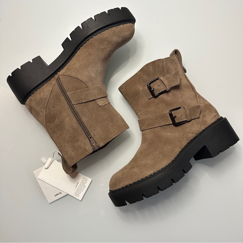 Mango Suede Leather Lug Sole Buckle Moto Boots 7  EU 37 Light Brown